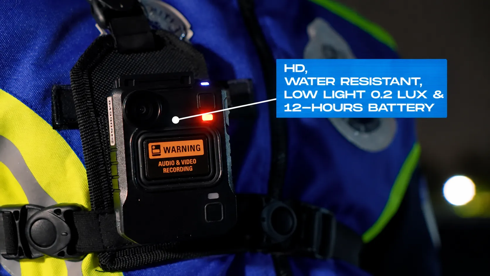 Motorola VB400 body-worn camera close-up highlighting HD recording, water resistance, low light 0.2 lux performance and 12-hour battery life