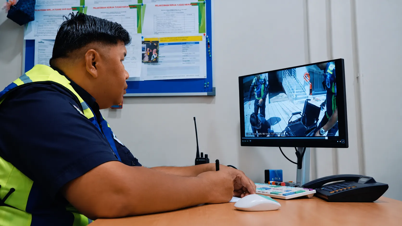 Campus security officer monitoring live CCTV and body-worn camera footage in the control room