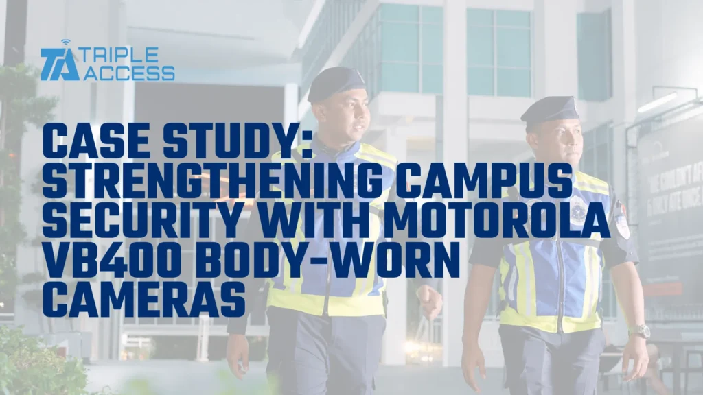 Auxiliary police officers on nighttime campus security patrol wearing Motorola VB400 body-worn cameras