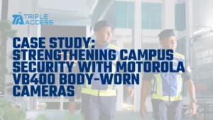 Auxiliary police officers on nighttime campus security patrol wearing Motorola VB400 body-worn cameras